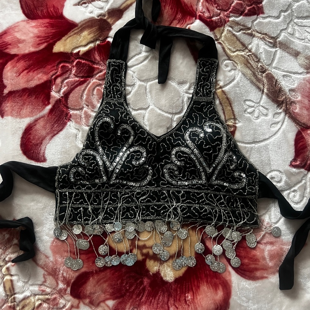 Black and Silver Embellished Halter Top